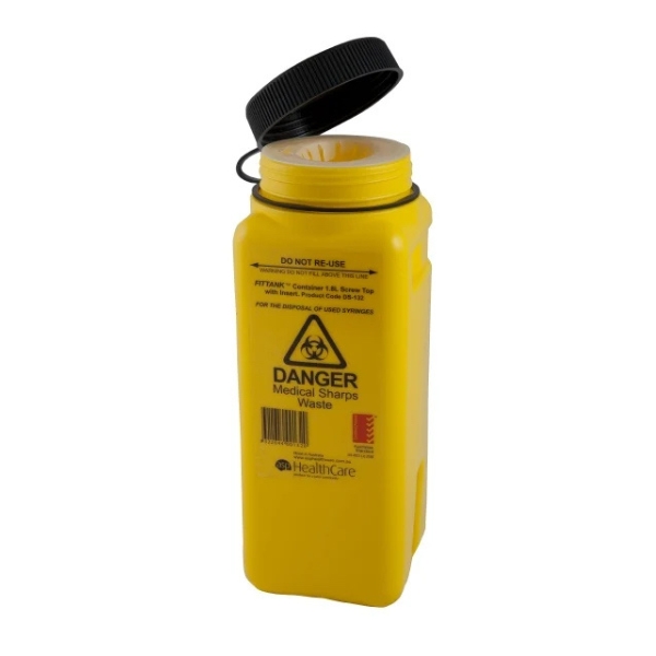 FitTank Sharps Container Screw Top With Oval Insert & Label 1.8 Litre