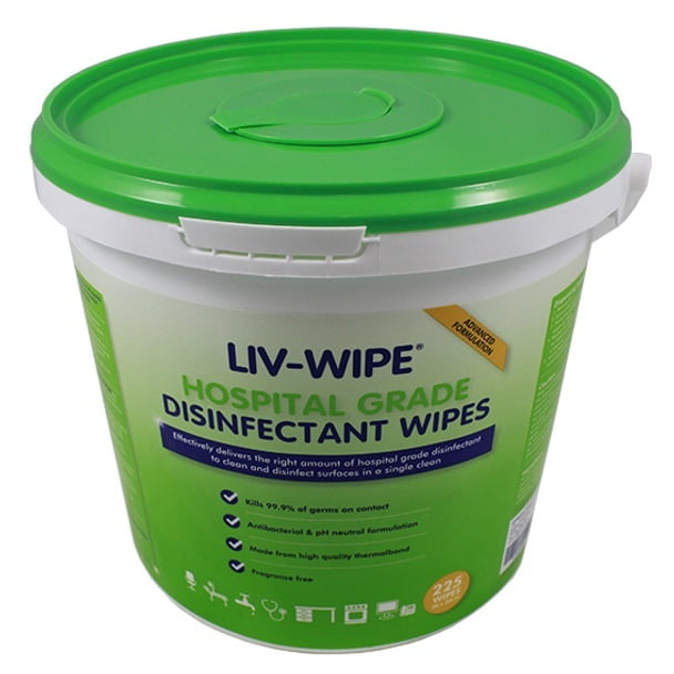 Liv-Wipe Hospital Grade Sanitiser Disinfectant Wipes 20x30cm Pail of 225 Wipes