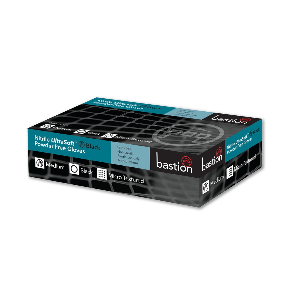 Bastion Nitrile Ultra Soft Powder Free Finger Micro Textured Gloves Black Pack Of 100