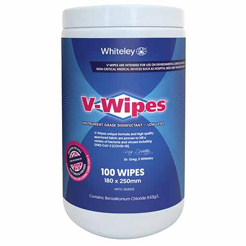 Whiteley V-Wipes Instrument Grade Disinfectant Low Level Wipes Canister