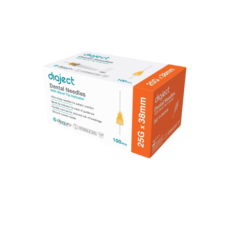 DiaGuru Diaject Dental Needles With Bevel Tip Indicator 25G x 38mm Orange Box Of 100