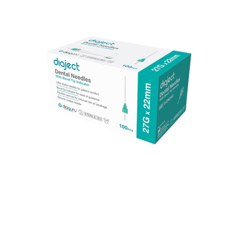 DiaGuru Diaject Dental Needles With Bevel Tip Indicator 27G x 22mm Green Box Of 100