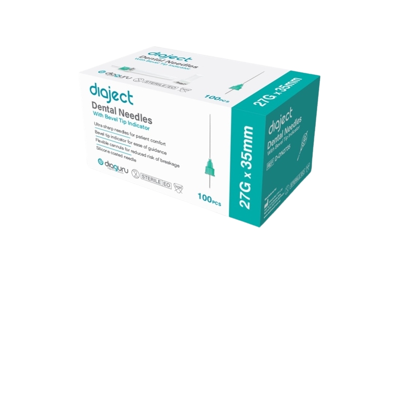 DiaGuru Diaject Dental Needles With Bevel Tip Indicator 27G x 35mm Green Box Of 100