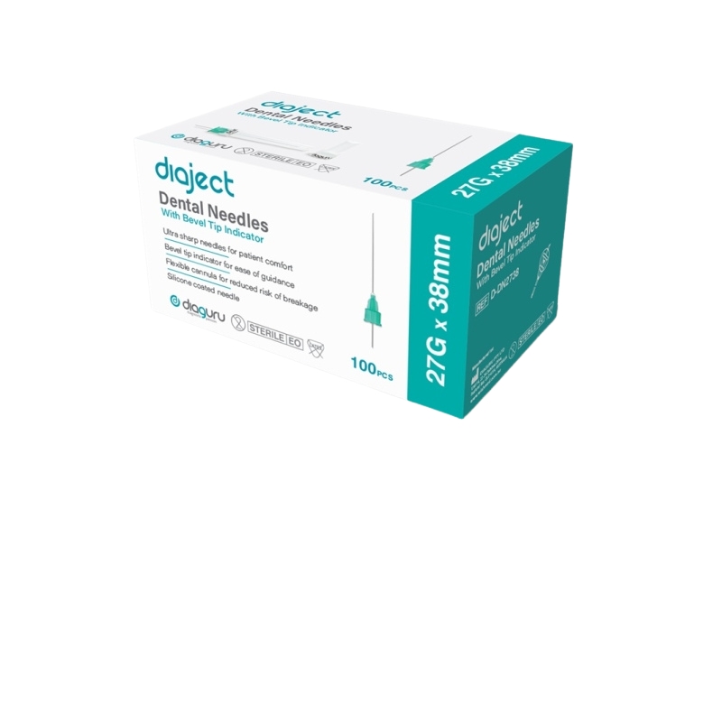 DiaGuru Diaject Dental Needles With Bevel Tip Indicator 27G x 38mm Green Box Of 100