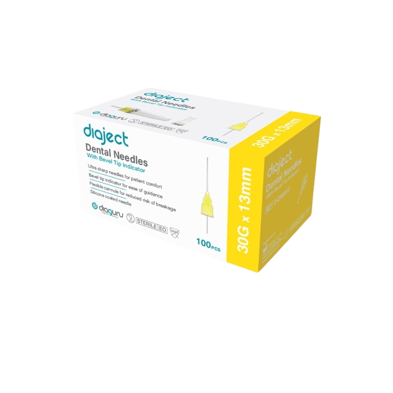 DiaGuru Diaject Dental Needles With Bevel Tip Indicator 30G x 13mm Yellow Box Of 100