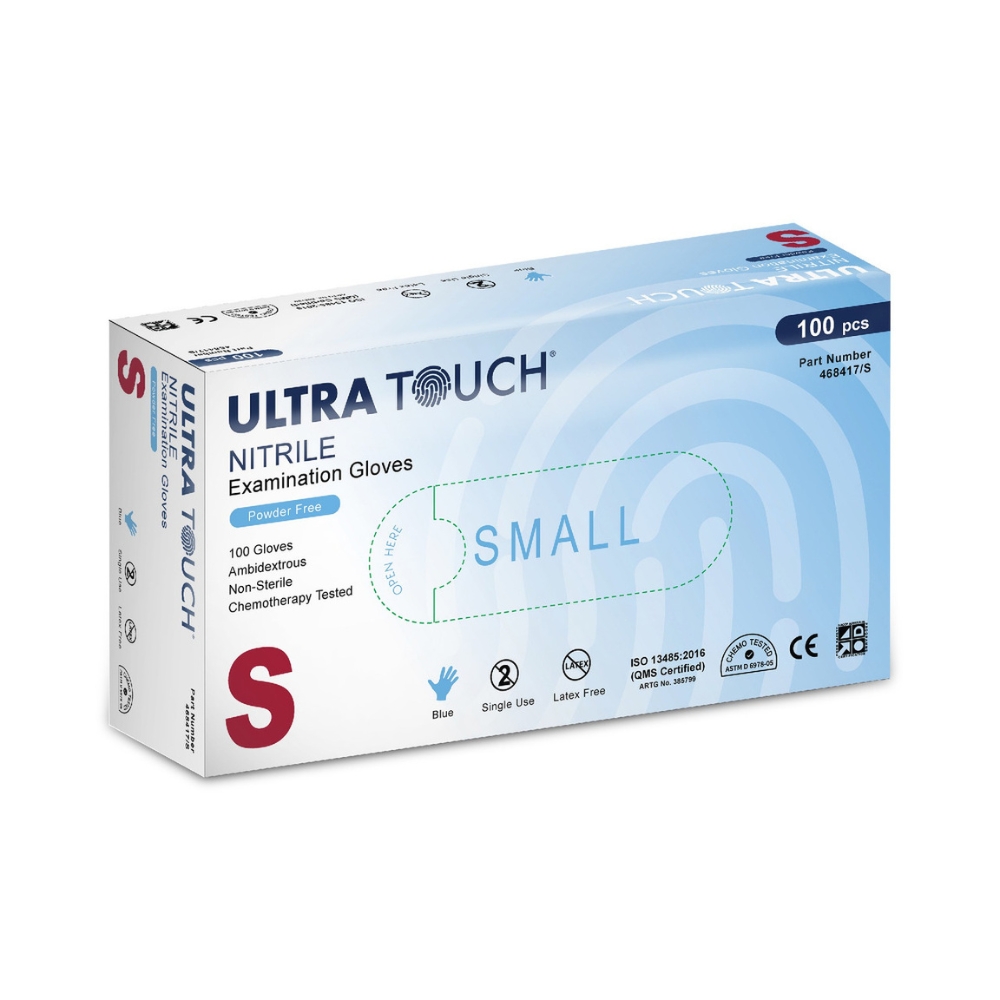 Ultra Touch Examination Nitrile Chemo Tested Powder Free Gloves Blue Box Of 100