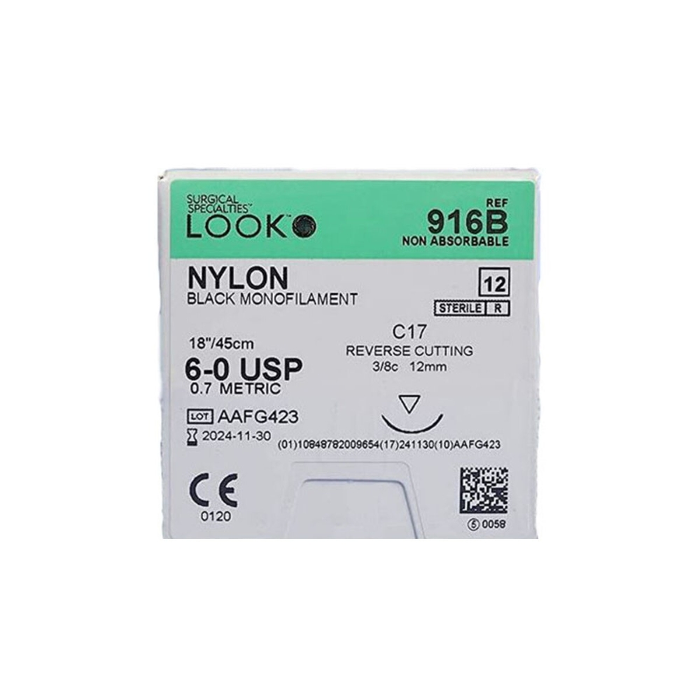 Look Nylon Black Monofilament Sutures 6/0 12mm 3/8 Circle Reverse Cut Box Of 12