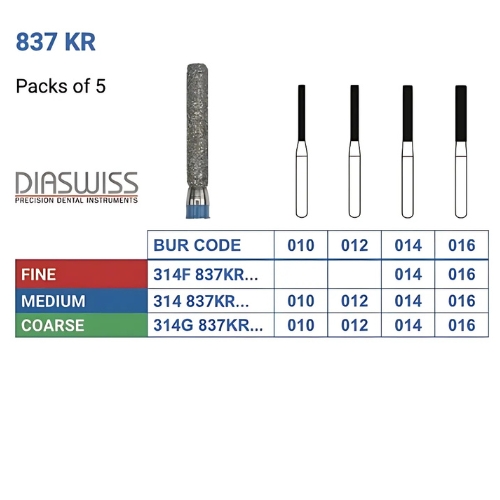 Diaswiss Diamond FG Extra Long Round Flat Fissure Bur 314 837KR 014 Fine Pack Of 5