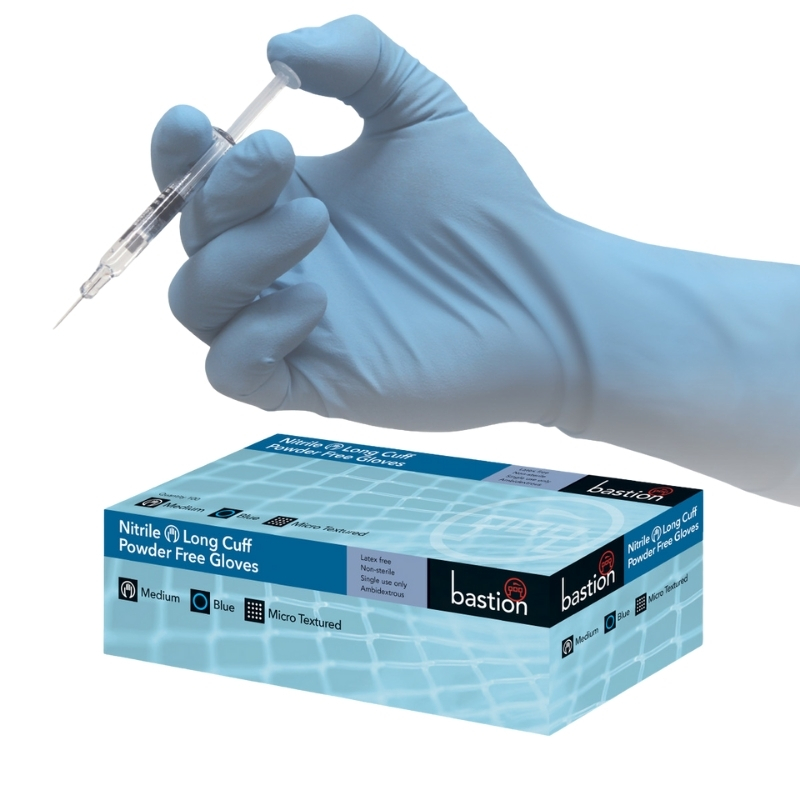 Bastion Premium Nitrile Powder Free Long Cuff Micro Textured Blue Gloves XXX-Large Box Of 90