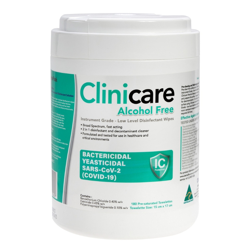 Clinicare Alcohol Free Instrument Grade Disinfectant Cannister 180 Wipes