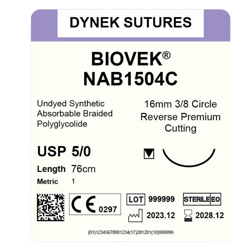 Dynek Biovek Synthetic Absorbable 5/0x76cm On 16mm 3/8 Undyed Beige Sutures NAB1504C Box Of 36