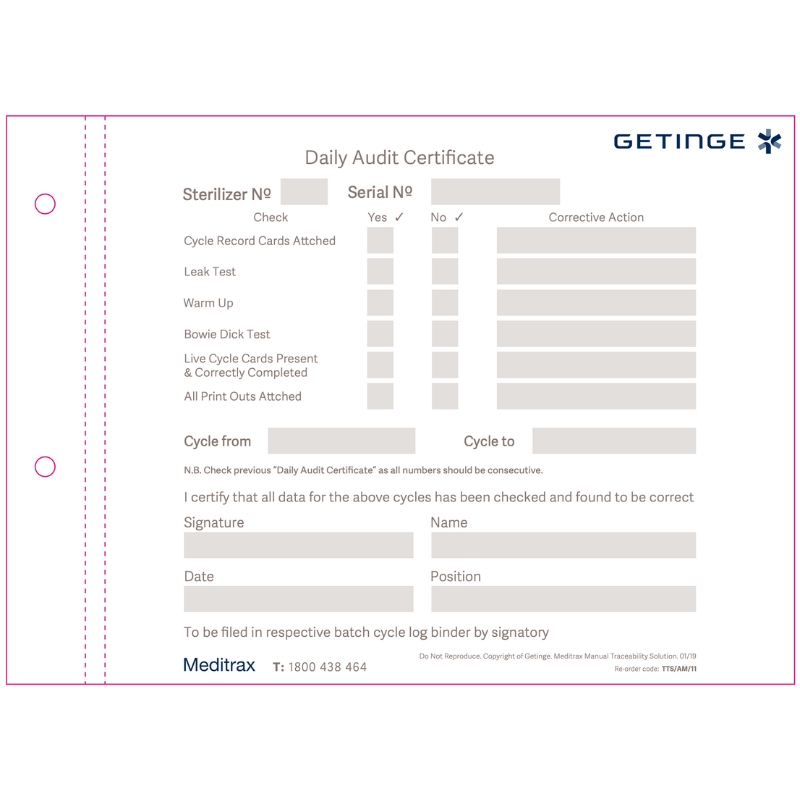 Getinge Meditrax Daily Audit Certificates 6034311410 Pack Of 50