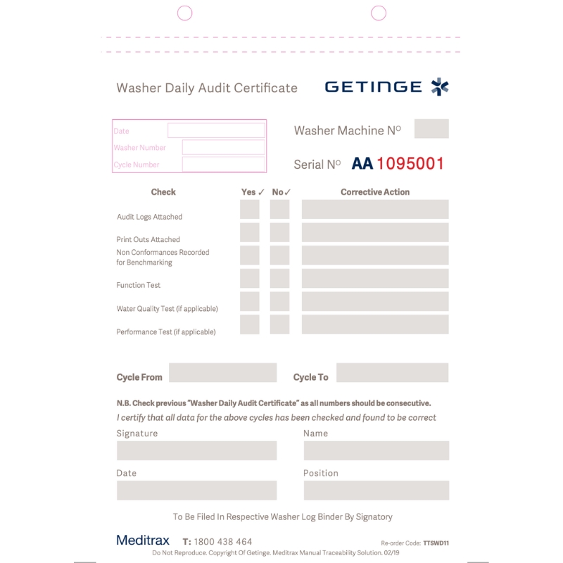 Getinge Washer Daily Audit Certificates 6006306005 Pack Of 50