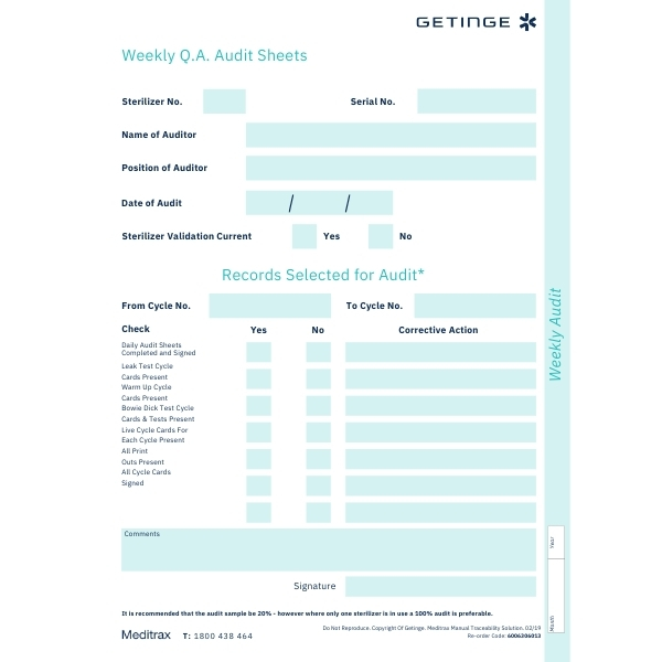 Getinge Weekly Q.A Audit Sheet Pad 50 Sheets 6006306013