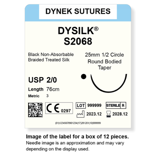 Dynek Dysilk Black Natural Non Absorbable 2/0x76cm On 25mm 1/2 Circle RBT Needle Sutures S2068 Box Of 12