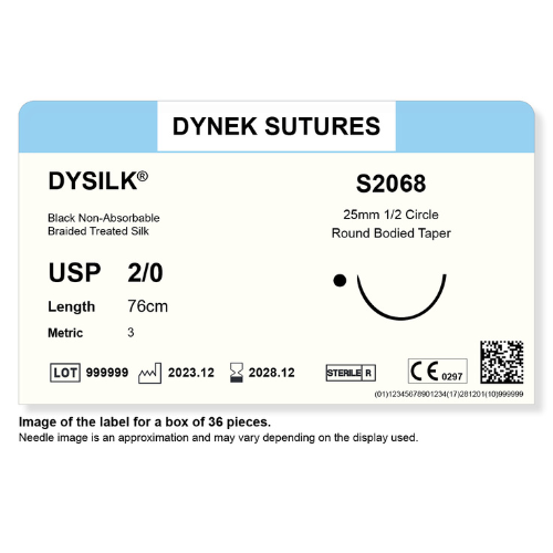 Dynek Dysilk Black Natural Non Absorbable 2/0x76cm On 25mm 1/2 Circle RBT Needle Sutures S2068 Box Of 36