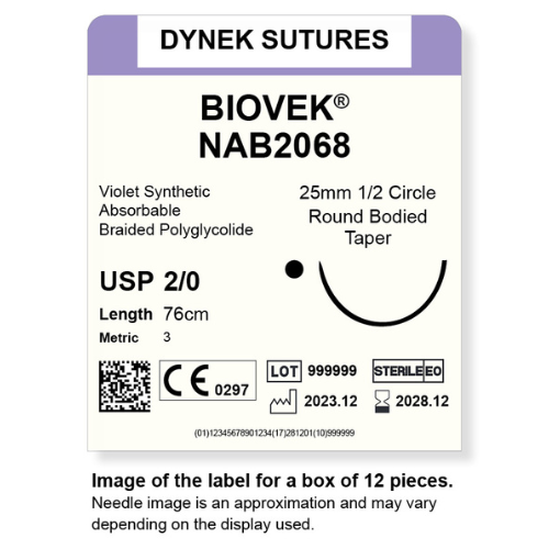 Dynek Biovek Synthetic Absorbable 2/0x76cm On 25mm 1/2 Circle RBT Needle Dyed Violet Sutures NAB2068 Box Of 12