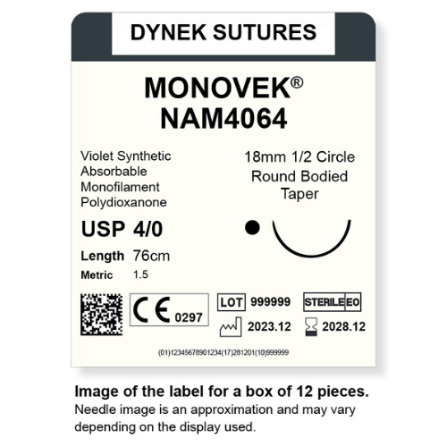 Dynek Monovek Synthetic Absorbable 4/0x76cm On 18mm 1/2 Circle RBT Needle Dyed Violet Sutures NAM4064 Box Of 12