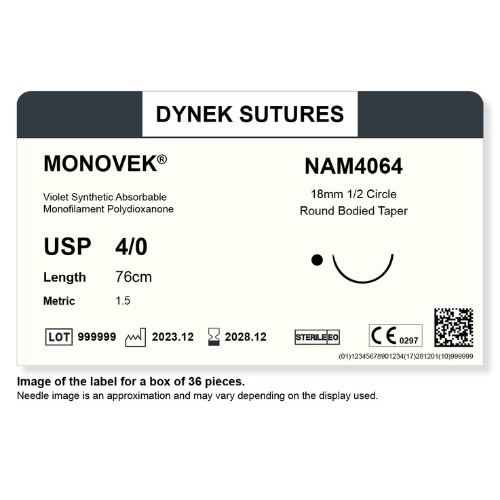 Dynek Monovek Synthetic Absorbable 4/0x76cm On 18mm 1/2 Circle RBT Needle Dyed Violet Sutures NAM4064 Box Of 36