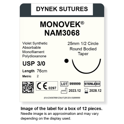 Dynek Monovek Synthetic Absorbable 3/0x76cm On 25mm 1/2 Circle RBT Needle Dyed Violet Sutures NAM3068 Box Of 12