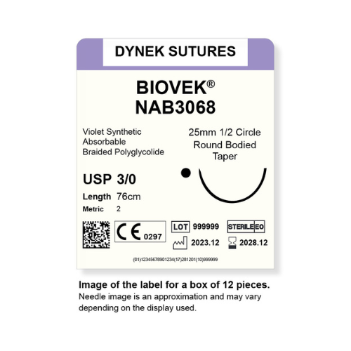 Dynek Biovek Synthetic Absorbable 3/0x76cm On 25mm 1/2 Circle RBT Needle Dyed Violet Sutures Box Of 12