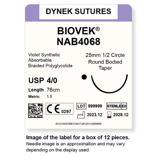 Dynek Biovek Synthetic Absorbable 4/0x76cm On 25mm 1/2 Circle RBT Needle Dyed Violet Sutures NAB4068 Box Of 12