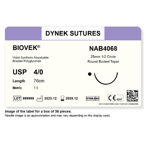 Dynek Biovek Synthetic Absorbable 4/0x76cm On 25mm 1/2 Circle RBT Needle Dyed Violet Sutures NAB4068 Box Of 36