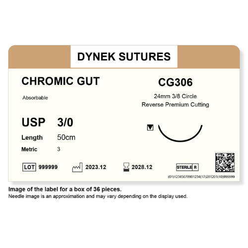 Dynek Surgical Catgut Chromic Cut Natural Absorbable 3/0x50cm On 24mm 3/8 Sutures Box Of 36