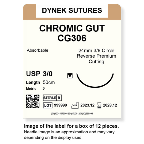 Dynek Surgical Catgut Chromic Cut Natural Absorbable 3/0x50cm On 24mm 3/8 Sutures Box Of 12
