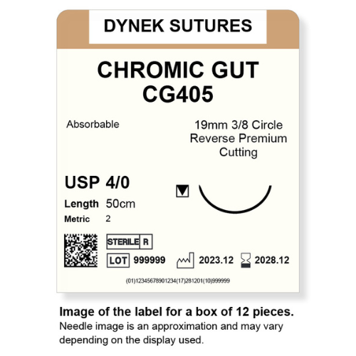 Dynek Surgical Catgut Chromic Cut Natural Absorbable 4/0x50cm On 19mm 3/8 Sutures CG405 Box Of 12