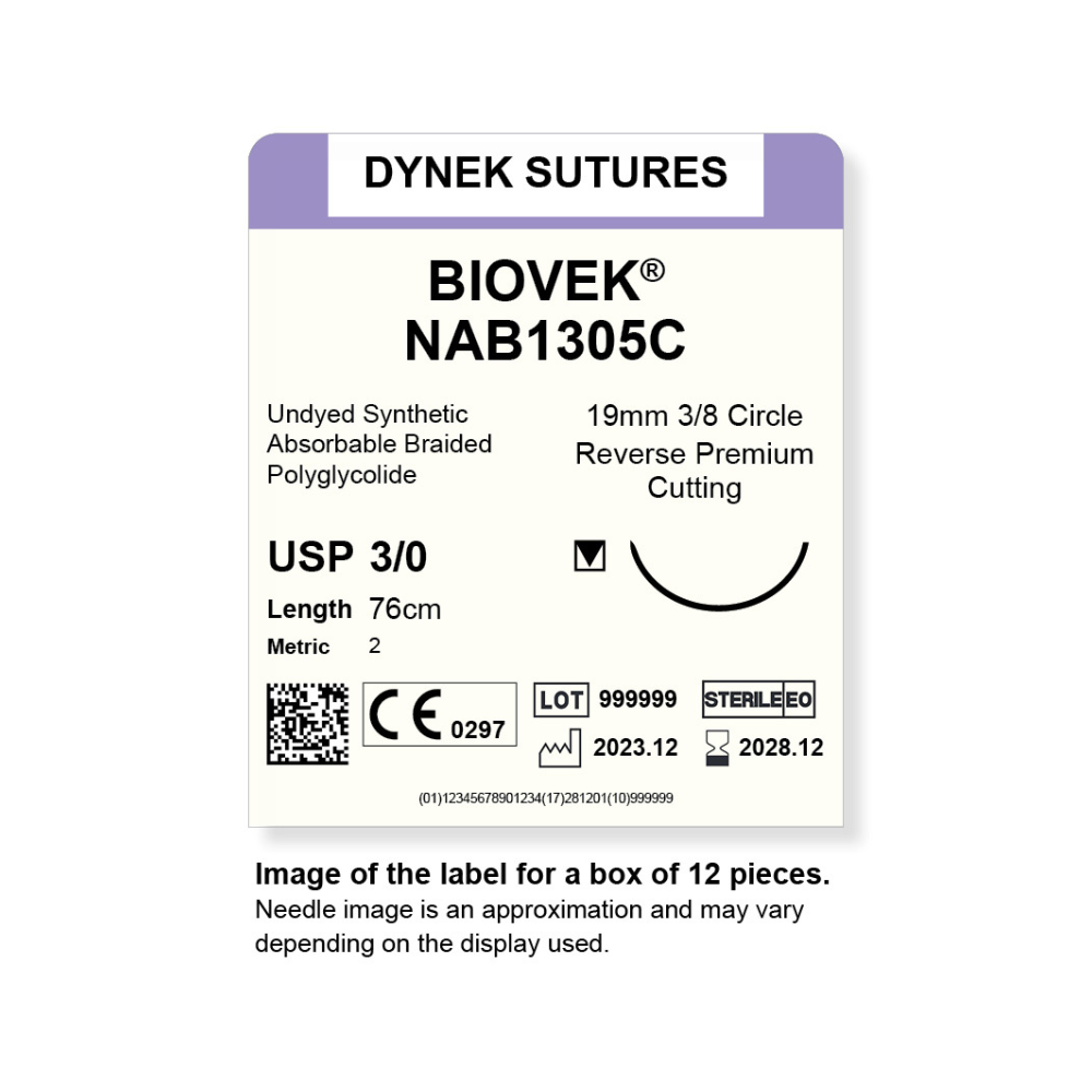 Dynek Biovek Synthetic Absorbable 3/0x76cm On 19mm 3/8 Undyed Beige Sutures NAB1305C Box Of 12