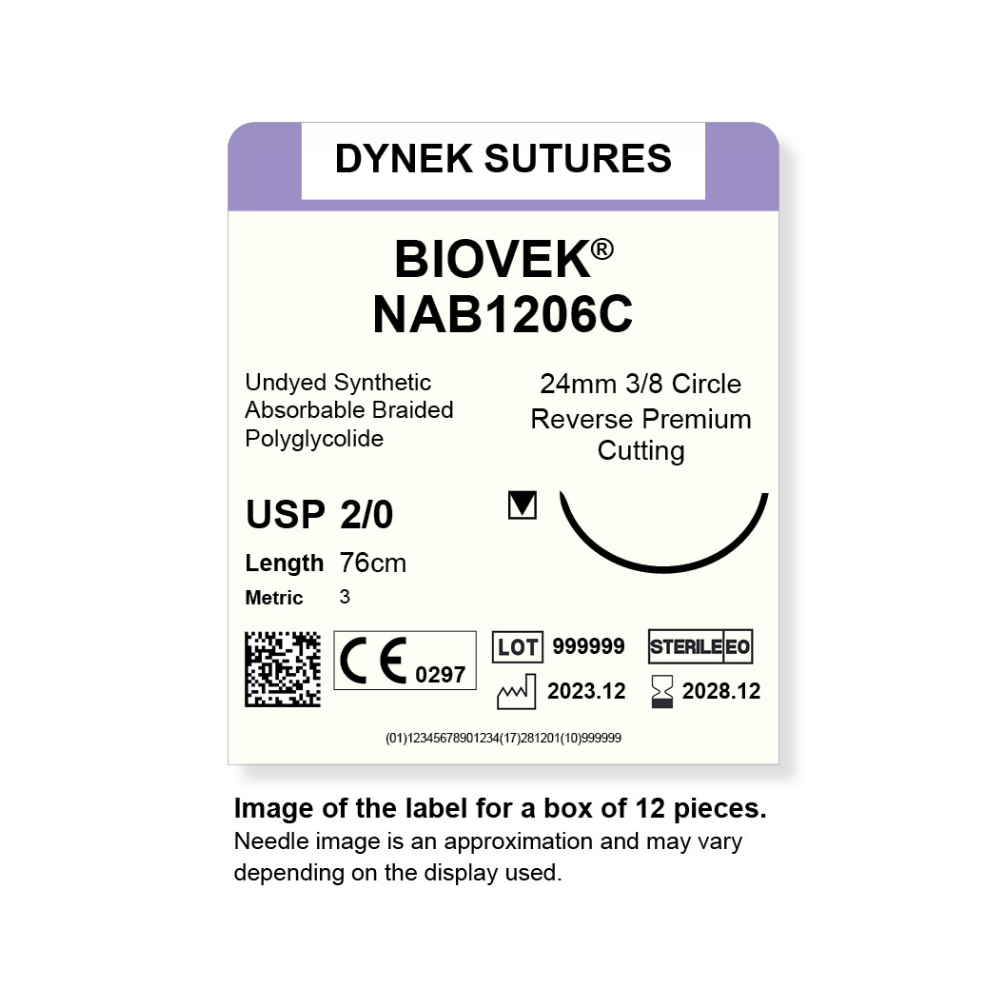 Dynek Biovek Synthetic Absorbable 2/0x76cm On 24mm 3/8 Undyed Beige Sutures NAB1206C Box Of 12