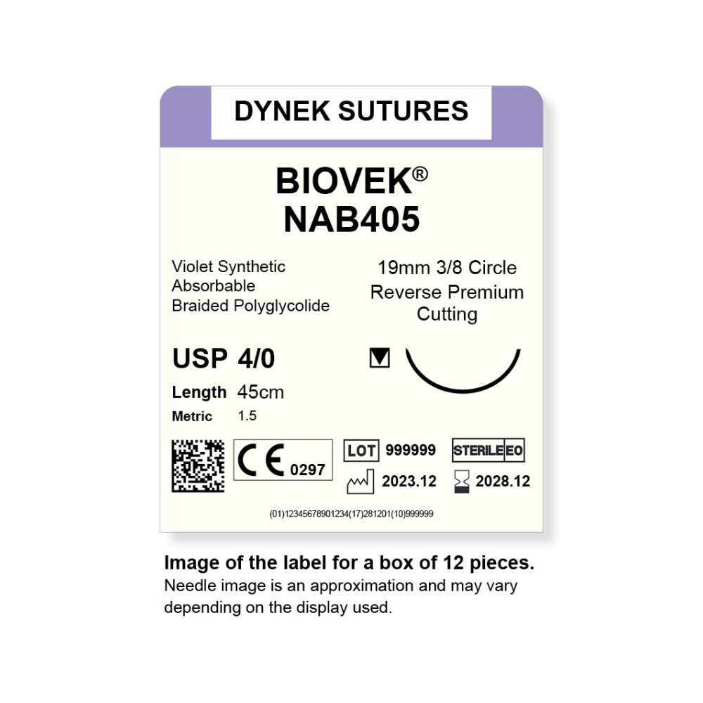 Dynek Biovek Synthetic Absorbable 4/0x45cm On 19mm 3/8 Dyed Violet Sutures NAB405 Box Of 12