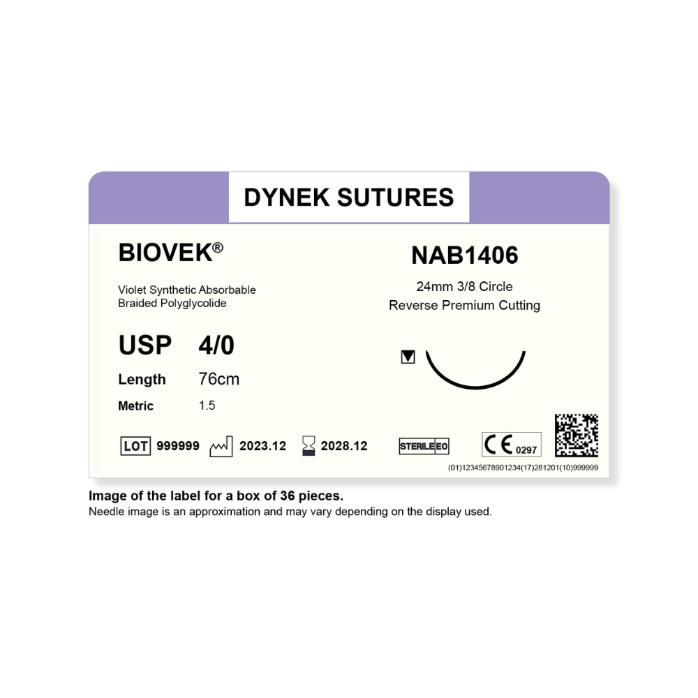 Dynek Biovek Synthetic Absorbable 4/0x76cm On 24mm 3/8 Dyed Violet Sutures NAB1406 Box Of 36