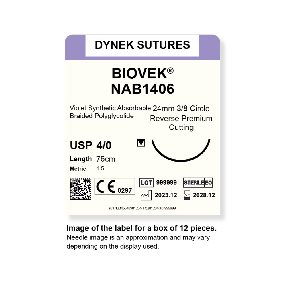 Dynek Biovek Synthetic Absorbable 4/0x76cm On 24mm 3/8 Dyed Violet Sutures NAB1406 Box Of 12