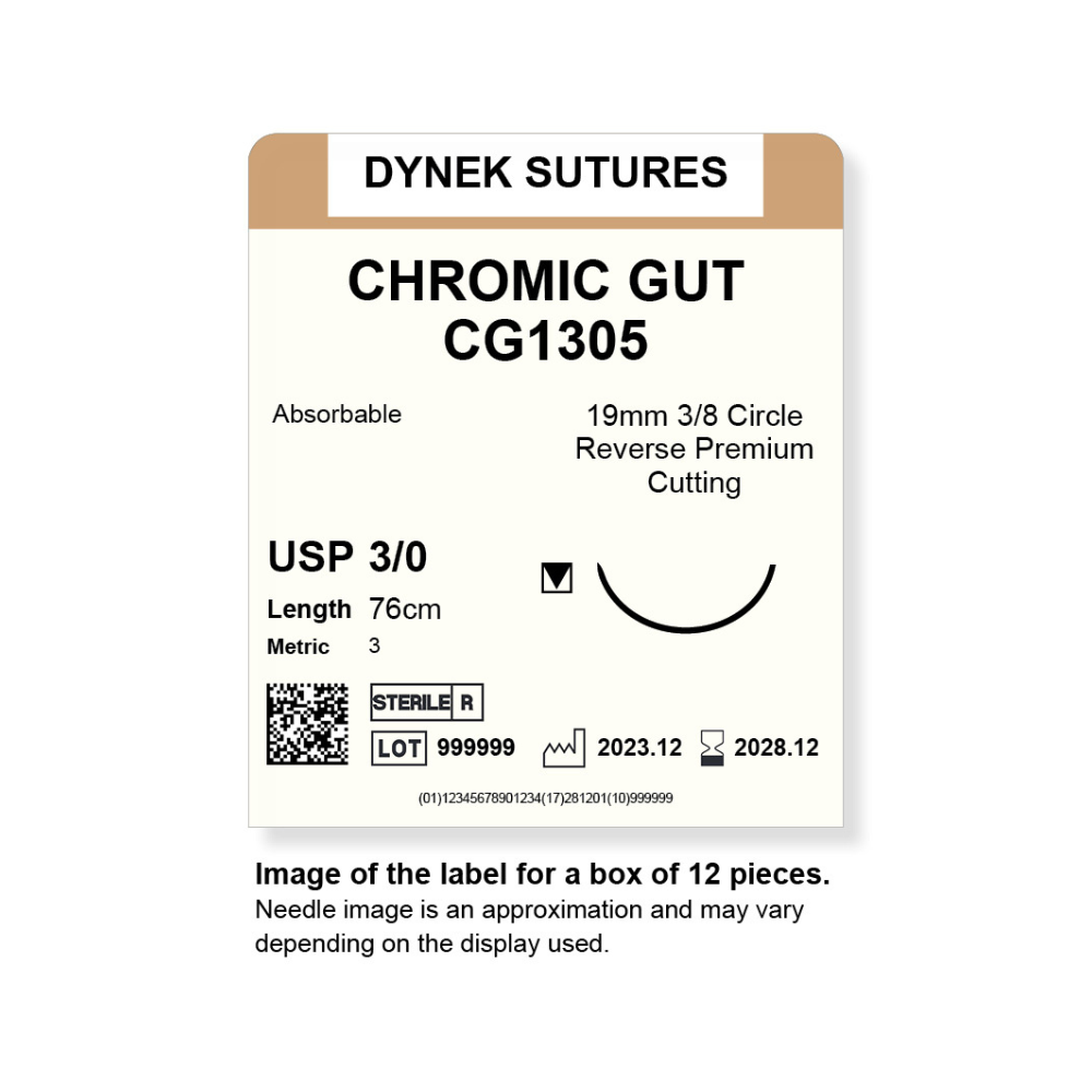 Dynek Surgical Catgut Chromic Cut Natural Absorbable 3/0x76cm On 19mm 3/8 Sutures CG1305 Box Of 12