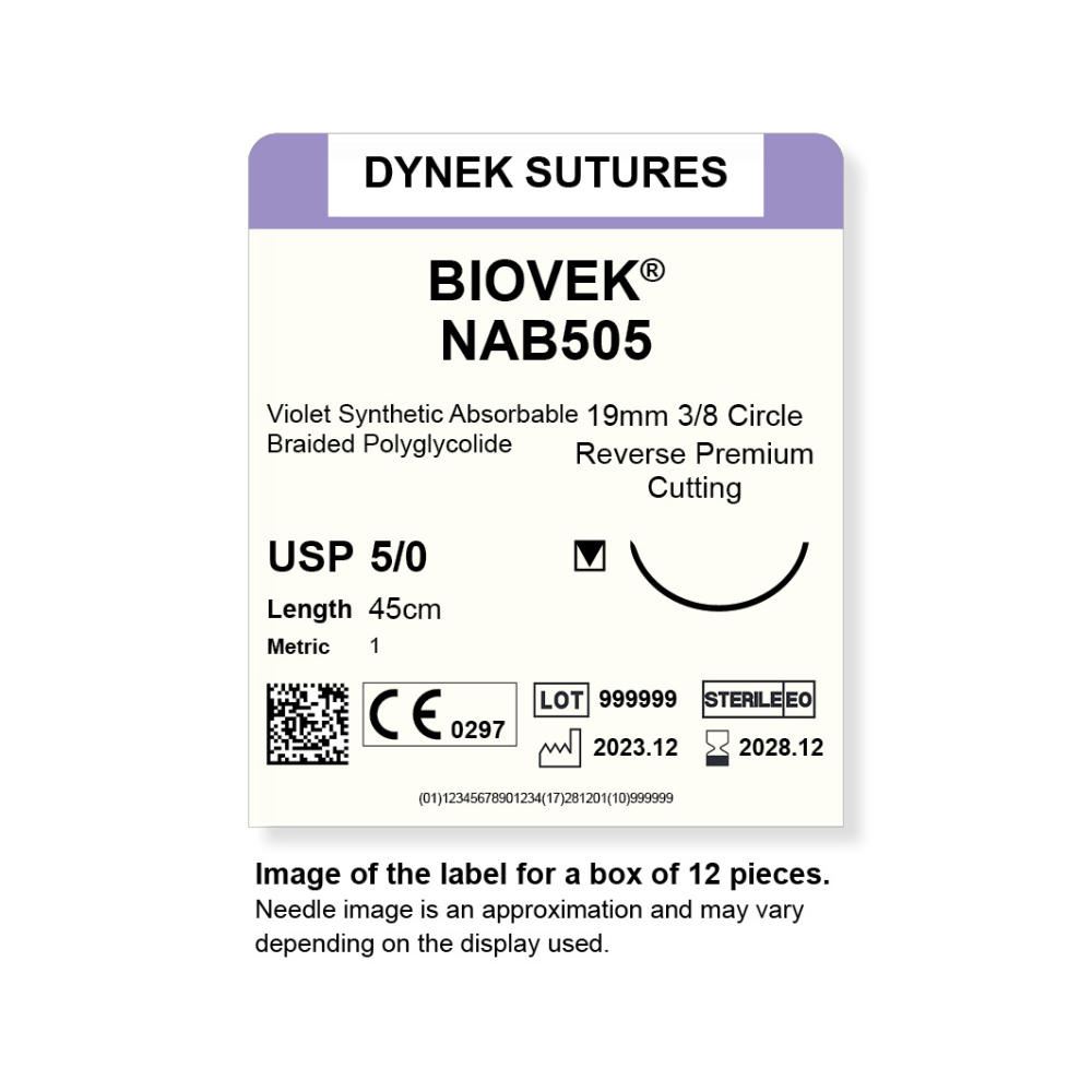 Dynek Biovek Synthetic Absorbable 5/0x45cm On 19mm 3/8 Dyed Violet Sutures NAB505 Box Of 12