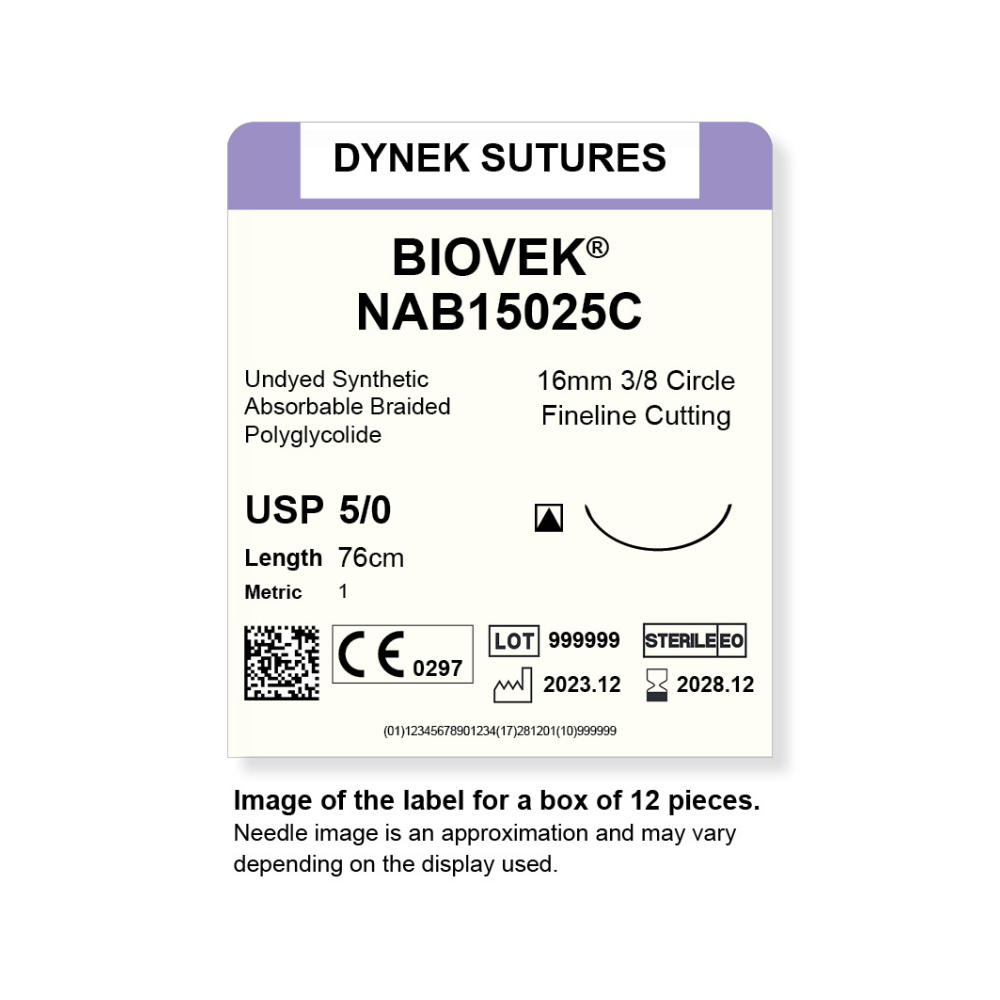Dynek Biovek Synthetic Absorbable 5/0x76cm On 16mm 3/8 Undyed Beige Sutures NAB15025C Box Of 12