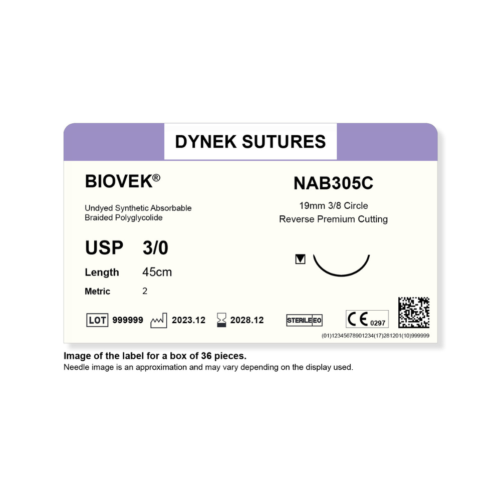 Dynek Biovek Synthetic Absorbable 3/0x45cm On 19mm 3/8 Dyed Violet Sutures NAB305C Box Of 36