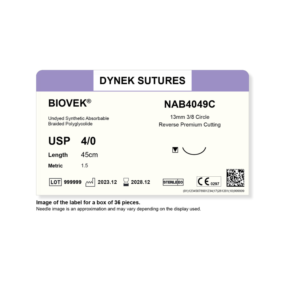 Dynek Biovek Synthetic Absorbable 4/0x45cm On 13mm 3/8 Undyed Beige Sutures NAB4049C Box Of 36