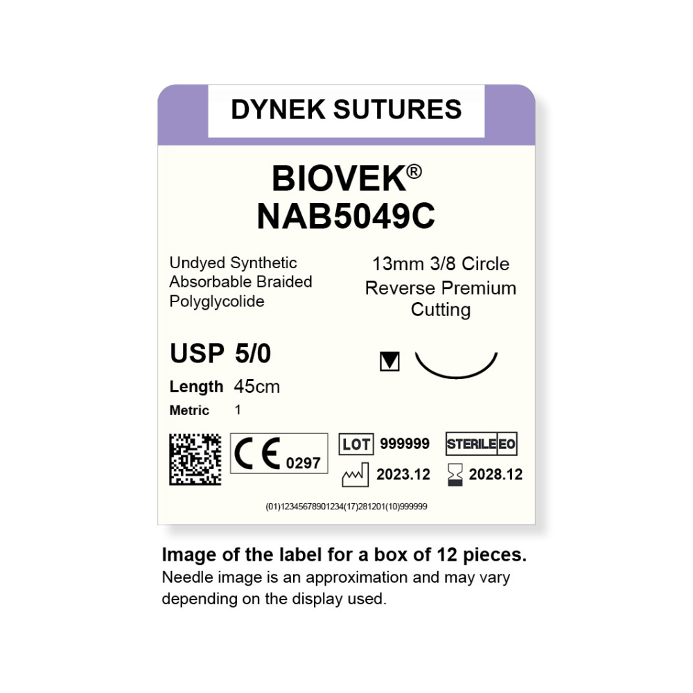 Dynek Biovek Synthetic Absorbable 5/0x45cm On 13mm 3/8 Undyed Beige Sutures NAB5049C Box Of 12