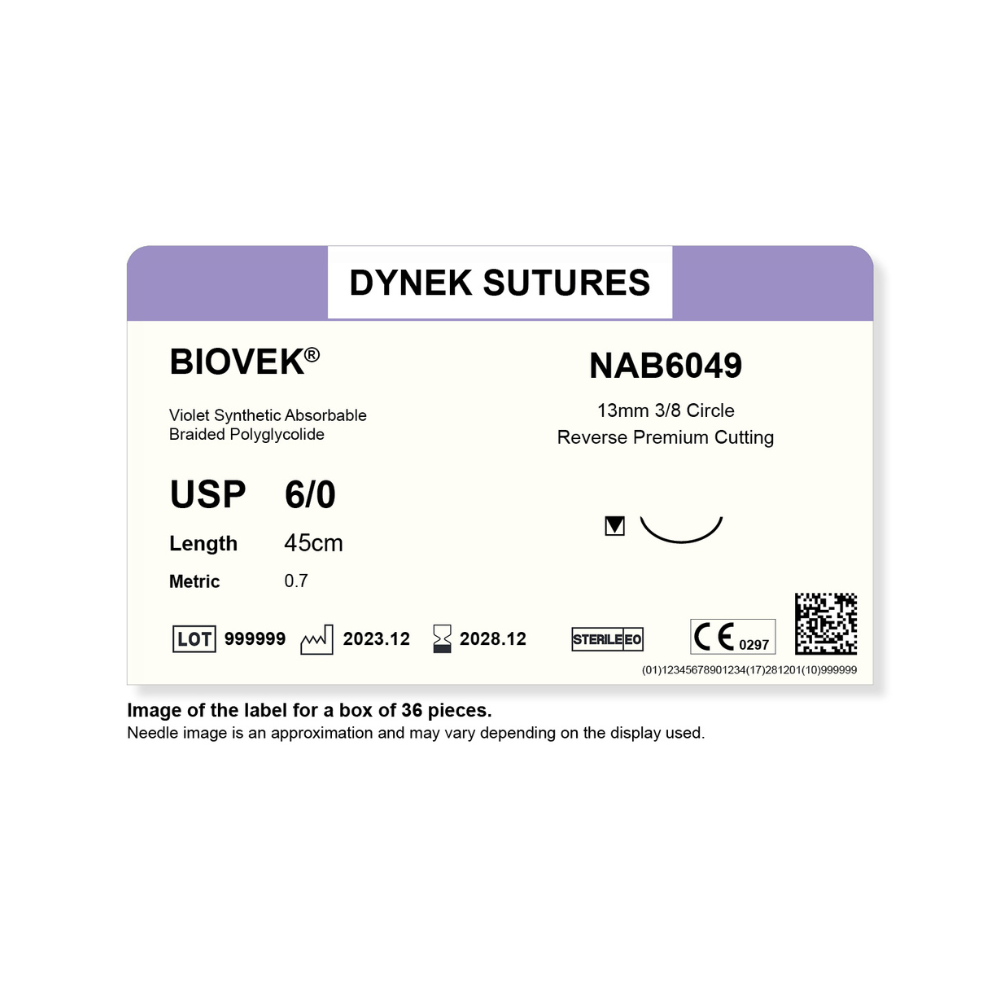 Dynek Biovek Synthetic Absorbable 6/0x45cm On 13mm 3/8 Dyed Violet Sutures NAB6049 Box Of 36 