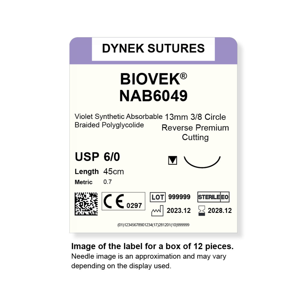 Dynek Biovek Synthetic Absorbable 6/0x45cm On 13mm 3/8 Dyed Violet Sutures NAB6049 Box Of 12
