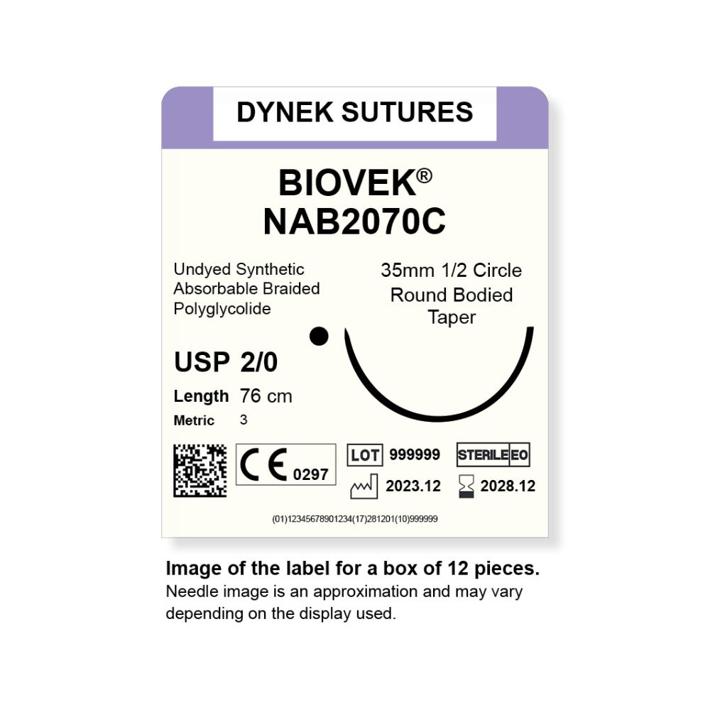 Dynek Biovek Synthetic Absorbable 2/0x76cm On 35mm 1/2 Undyed Beige Sutures NAB2070C Box Of 12
