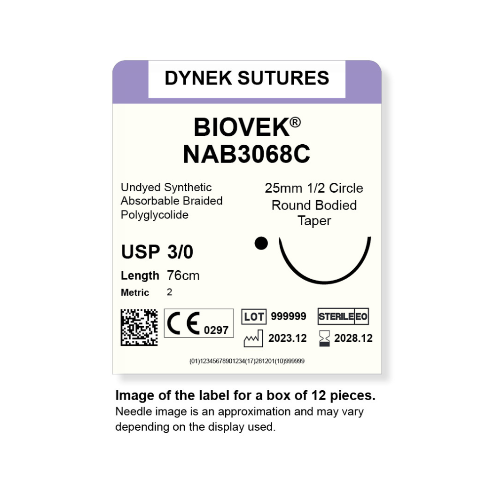 Dynek Biovek Synthetic Absorbable 3/0x76cm On 25mm 1/2 Circle Undyed Beige Sutures NAB3068C Box Of 12