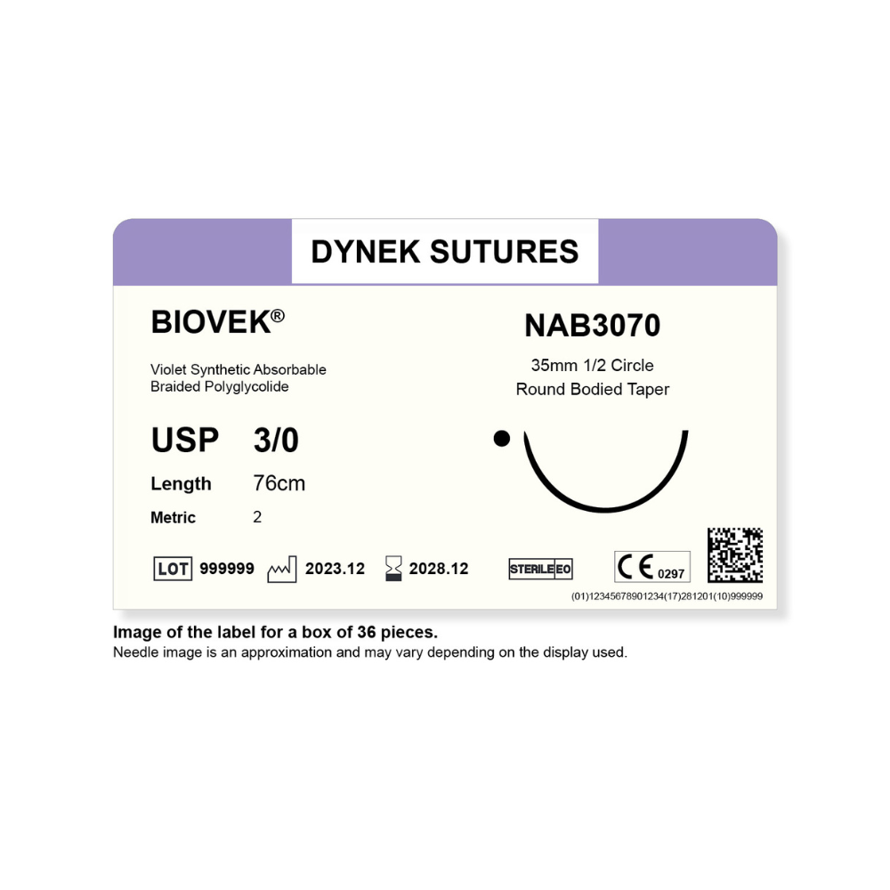 Dynek Biovek Synthetic Absorbable 3/0x76cm On 35mm 1/2 Dyed Violet Sutures NAB3070 Box Of 36