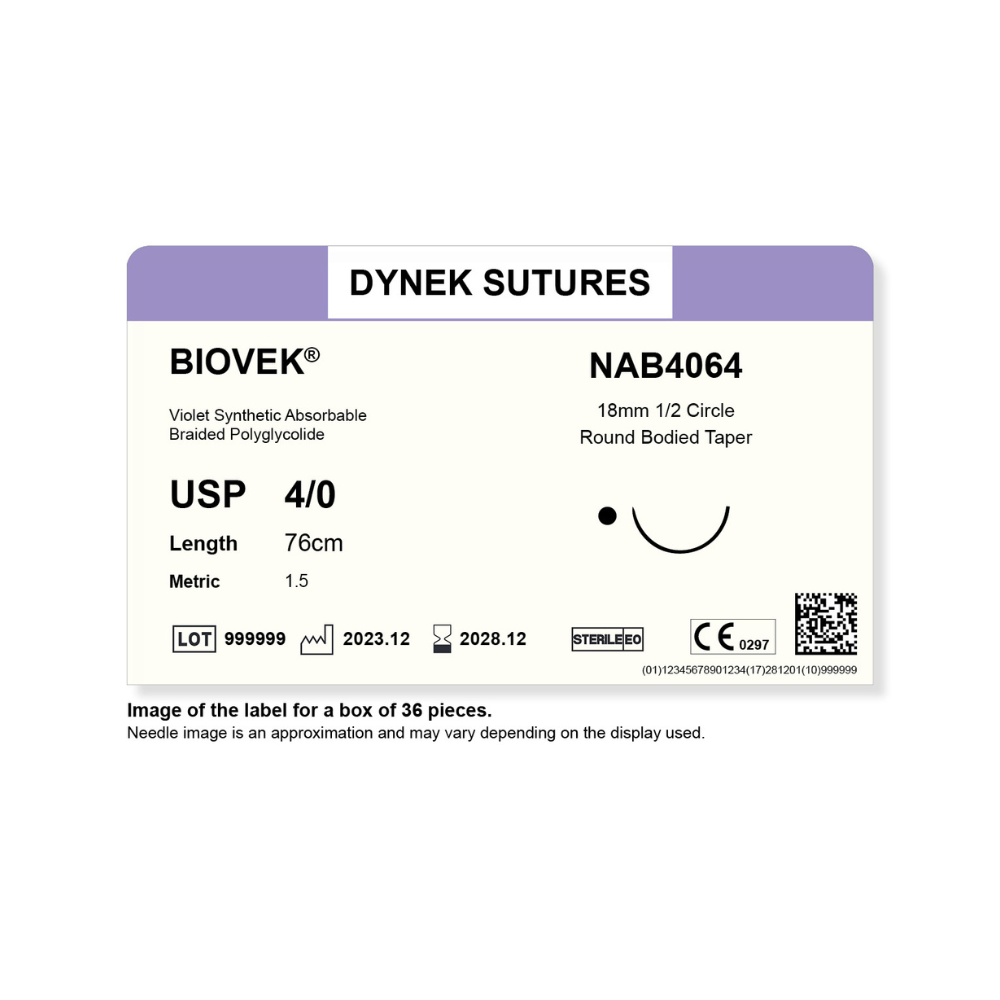 Dynek Biovek Synthetic Absorbable 4/0x76cm On 18mm 1/2 Dyed Violet Sutures NAB4064 Box Of 36
