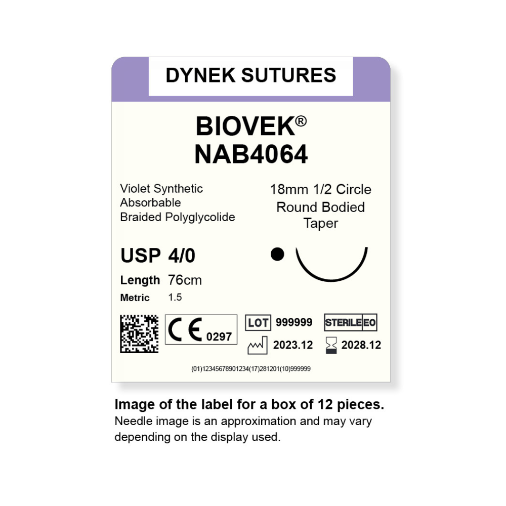 Dynek Biovek Synthetic Absorbable 4/0x76cm On 18mm 1/2 Dyed Violet Sutures NAB4064 Box Of 12