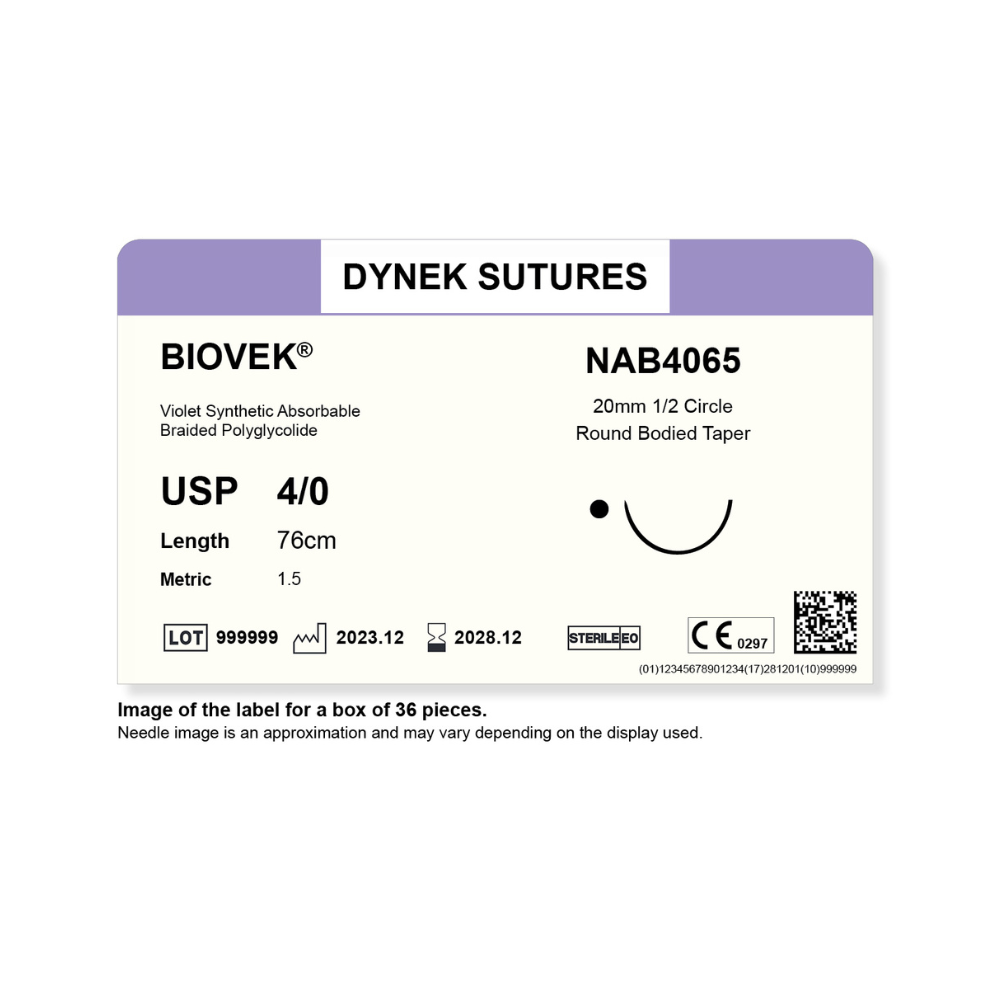 Dynek Biovek Synthetic Absorbable 4/0x76cm On 20mm 1/2 Dyed Violet Sutures NAB4065 Box Of 36
