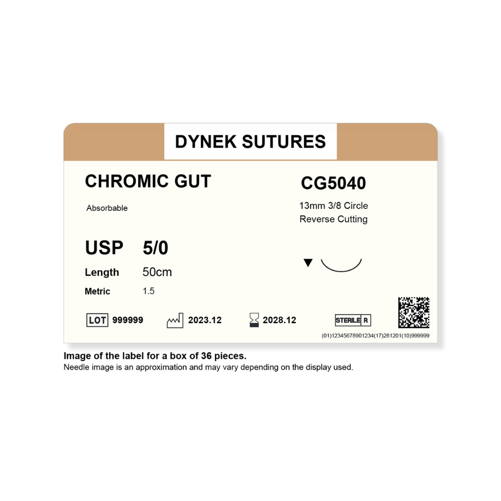 Dynek Surgical Catgut Chromic Cut Natural Absorbable 5/0x50cm On 13mm 3/8 Sutures CG5040 Box Of 36